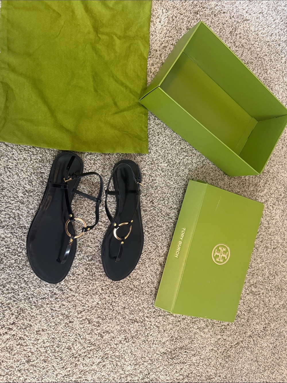 Tory Burch Black Leather T-Strap Sandals with Gold Ring